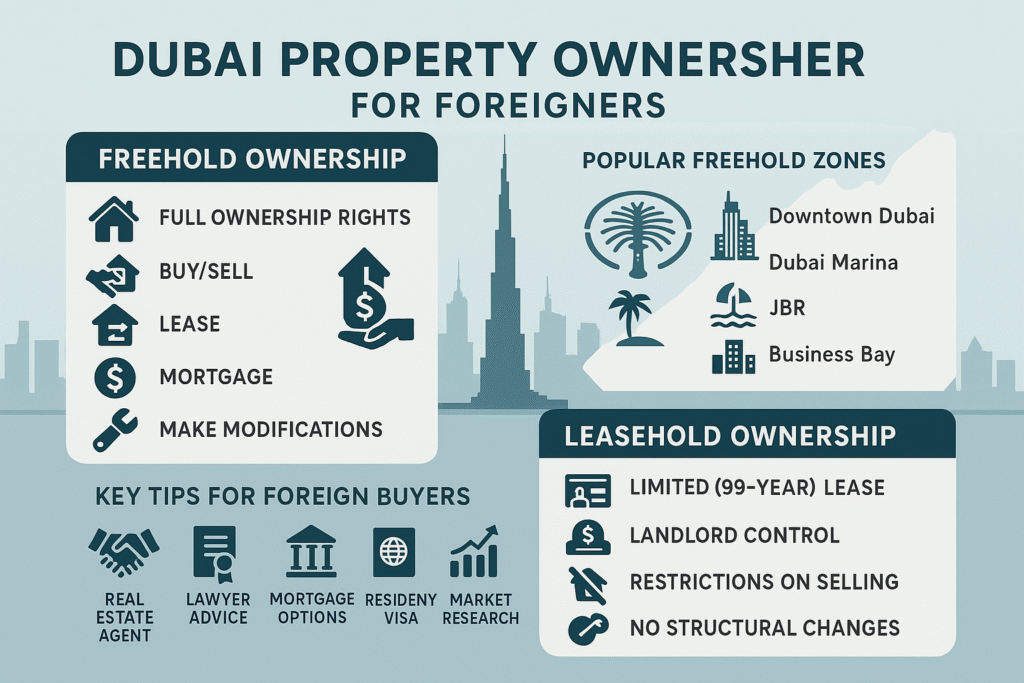 Dubai Property Ownership for Foreigners: A Comprehensive Guide 3 Infographic comparing Freehold vs Leasehold property ownership in Dubai with key zones and buyer tips