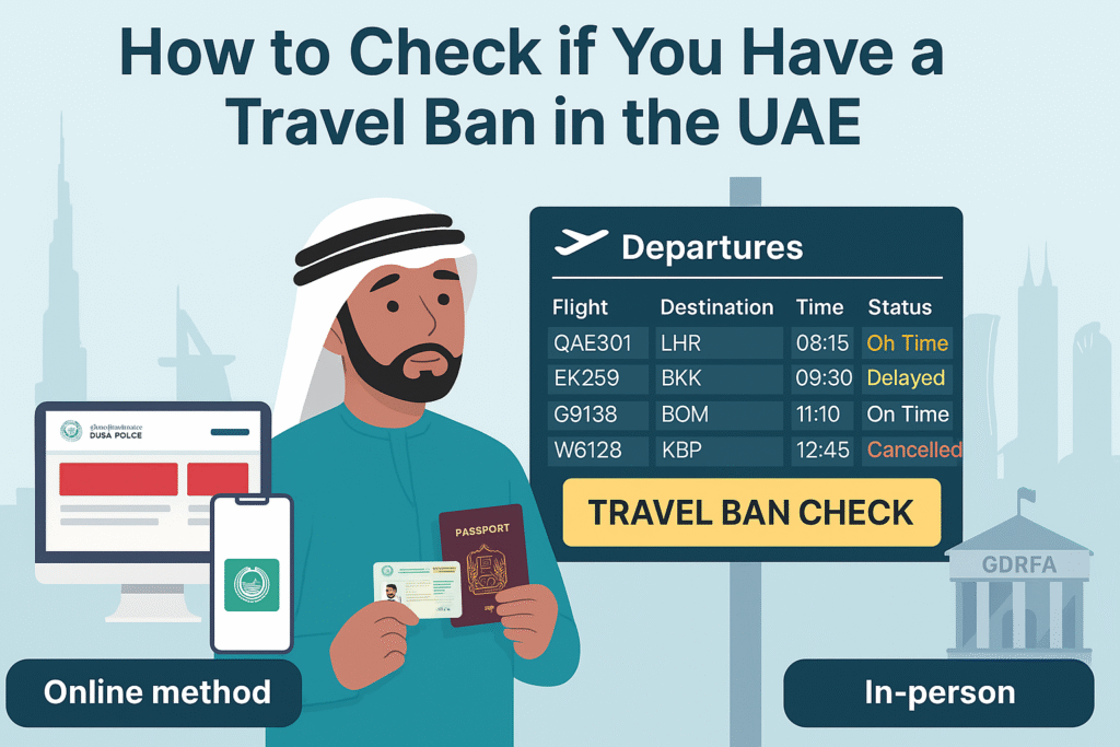 How to Check if You Have a Travel Ban in the UAE 6 UAE traveler checking travel ban status using Emirates ID via Dubai Police website, mobile app, and GDRFA office with UAE landmarks.