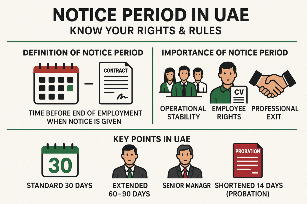 Notice Period: Everything You Need to Know 6 "Infographic explaining UAE notice period rules with HR manager and employee in an office, showing 30-day standard notice, 60–90 days for senior roles, and 14 days during probation, with Dubai skyline in the background."