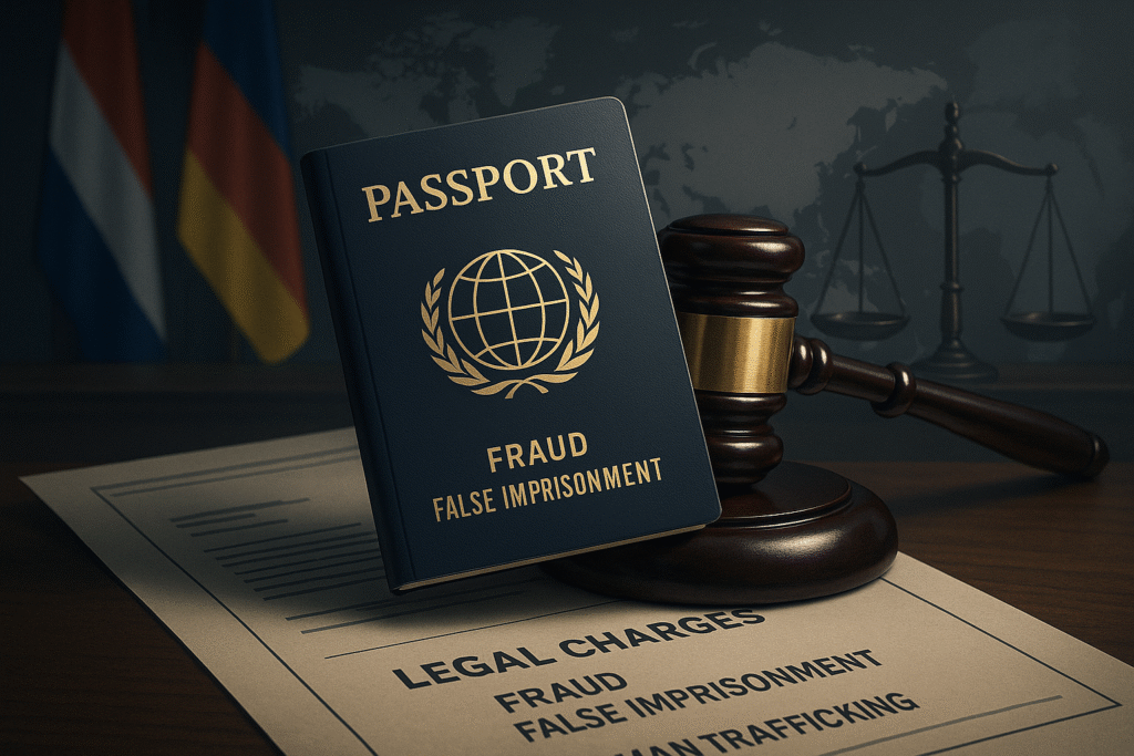 Is it Legal to Hold Someone Passport? A Legal Guide 10 “Passport placed on a gavel and legal documents with international flags in the background, symbolizing legal charges, civil liability, and global implications of illegal passport retention.”