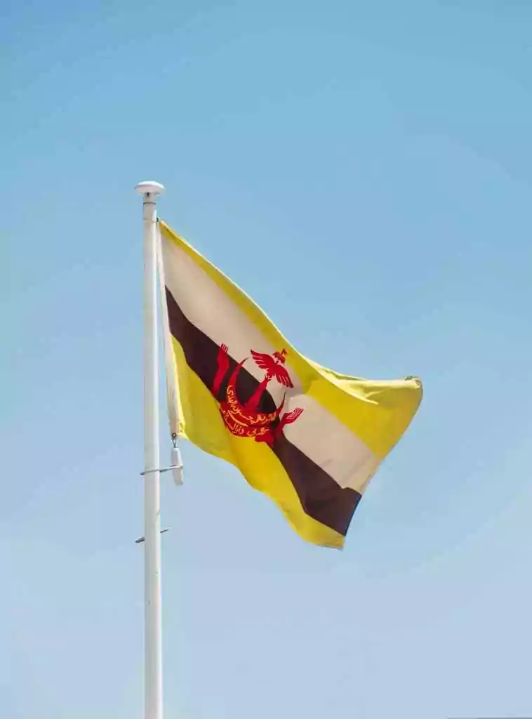 Your World Awaits: 15+ Visa-on-Arrival Countries for UAE 29 National flag of Brunei waving on a flagpole against a clear blue sky, symbolizing national pride.