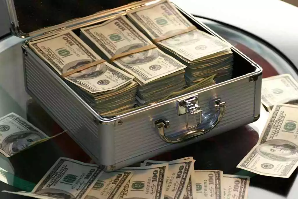 Check WPS Status of Any UAE Company In Second ( 2 Methods ) 8 Open briefcase filled with stacks of hundred dollar bills on a glass table, representing wealth.