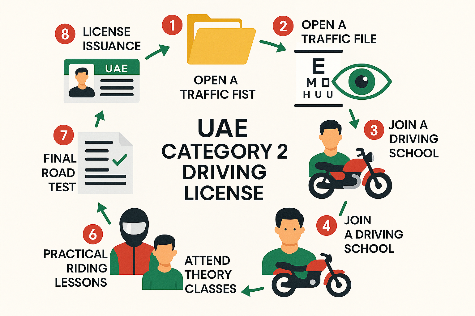 Category 2 UAE Driving License Guide 2025 | Ride Legally 6 Infographic showing 8 steps to get UAE Category 2 motorcycle license from opening a traffic file to license issuance