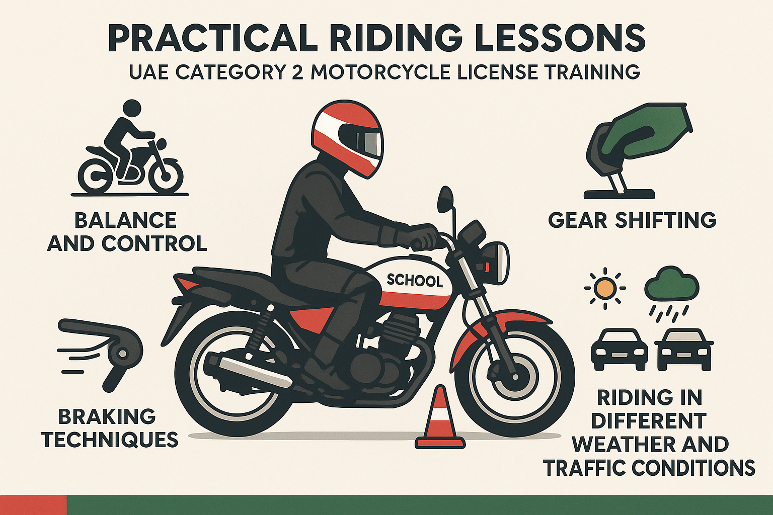 Category 2 UAE Driving License Guide 2025 | Ride Legally 7 Infographic showing practical motorcycle riding lessons for UAE Category 2 license, including balance, gear shifting, braking, and riding in varied conditions