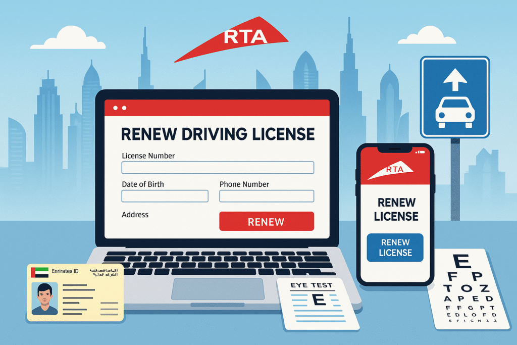 Online RTA driving license renewal in Dubai – showing laptop, smartphone app, Emirates ID, and required documents with Dubai skyline background.