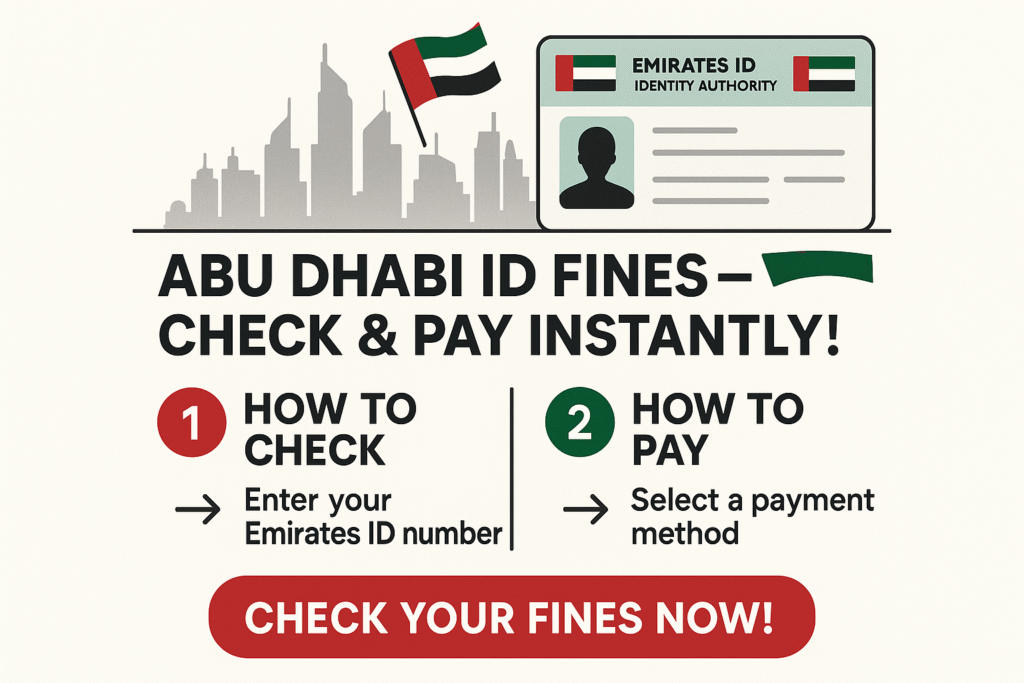 Use Abu Dhabi flag colors (red, green, black, white) for accents. Keep fonts bold, readable, and professional. Add subtle arrows and step numbers for clarity. Make the layout mobile-friendly and optimized for social sharing with a clear call-to-action: 'Check Your Fines Now!'"