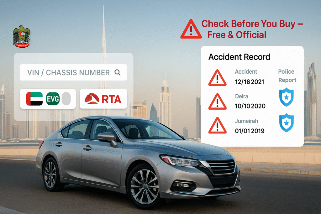 "Check car accident history in UAE using MOI, EVG, and RTA – free official methods to verify vehicle VIN and accident reports before buying"