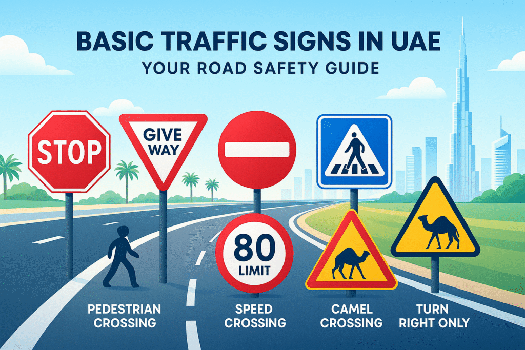 "Hero infographic showing basic traffic signs in UAE including Stop, Give Way, No Entry, Speed Limit, Pedestrian Crossing, Camel Crossing, and Turn Right Only, with a Dubai road and Burj Khalifa background."