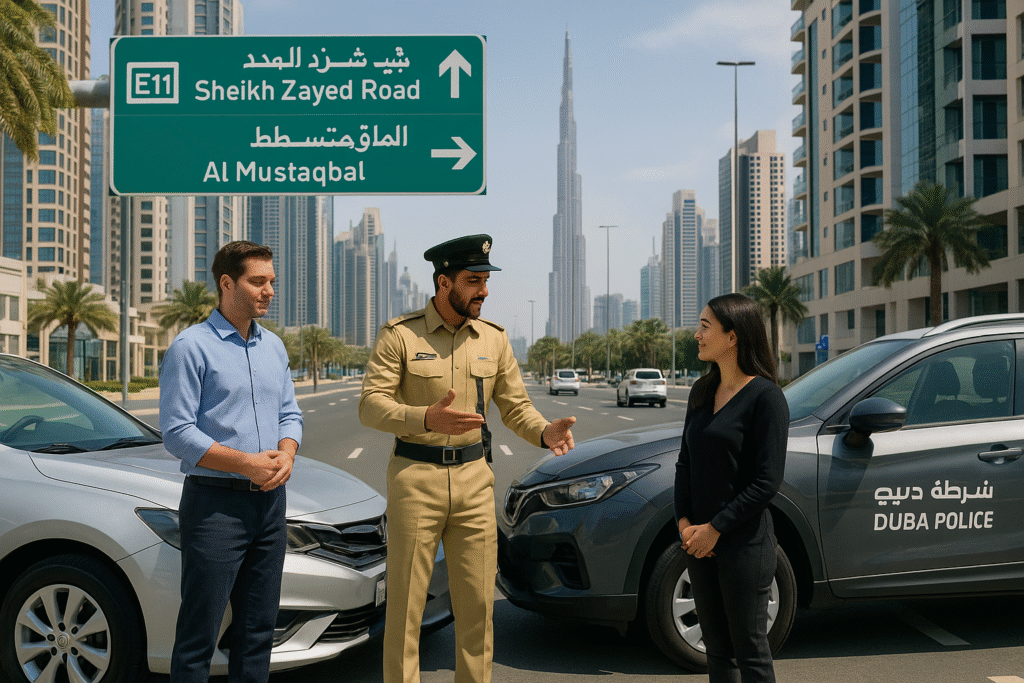 “Serious car accident on a busy Dubai road with two damaged vehicles, a driver waiting safely inside with seatbelt on. Dubai Police car and ambulance arrive with officers and paramedics providing professional assistance. Scene includes bilingual road signs and Dubai landmarks, highlighting safety and the importance of calling 999.”