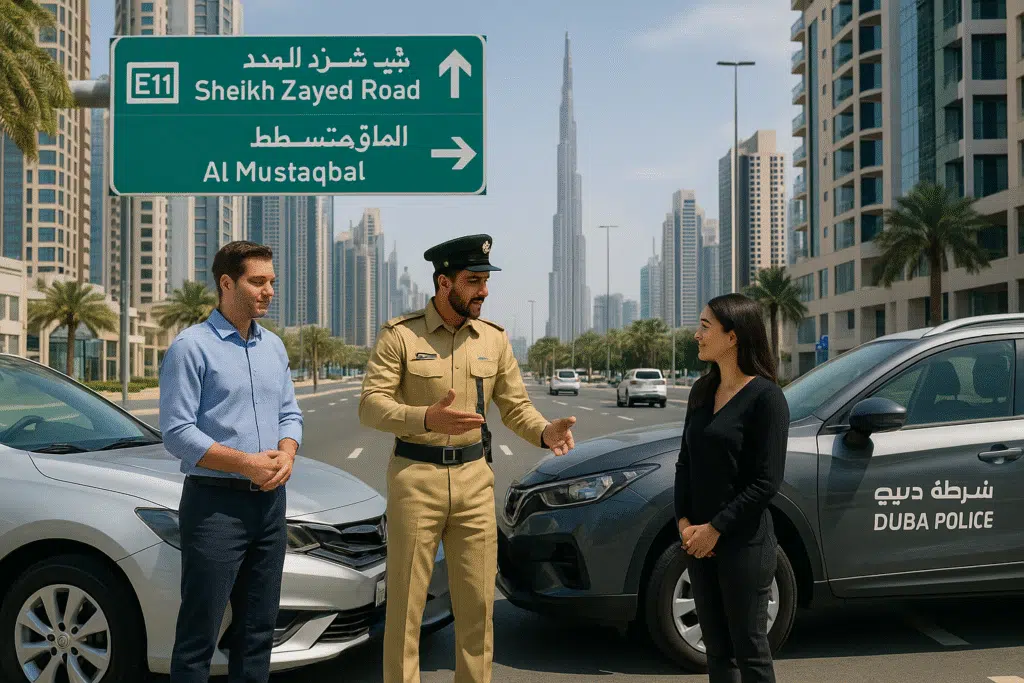 “Dubai street scene with Burj Khalifa in the background, showing a minor car accident where two cars lightly touch. A Dubai Police officer calmly assists the drivers, who appear safe and composed. The setting is bright and orderly, with clear English and Arabic road signs, symbolizing safety, responsibility, and trust.”
