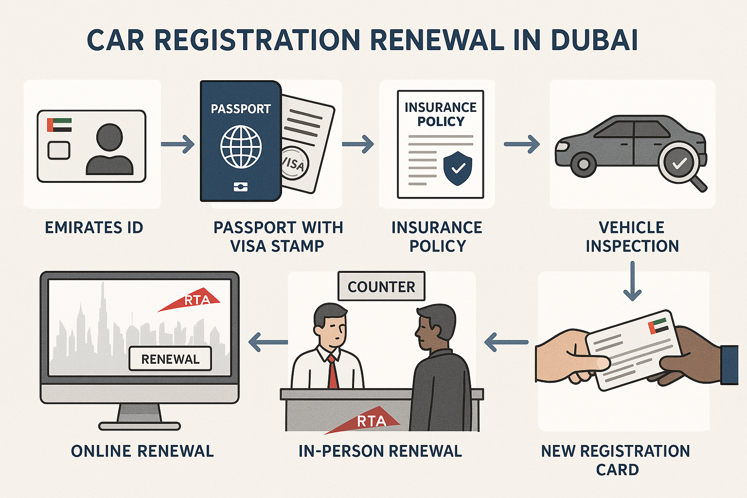 Step-by-step car registration renewal process in Dubai with required documents, online and in-person options.