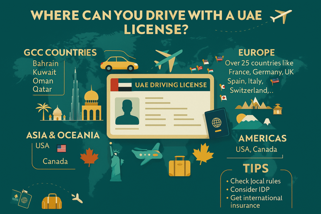"Infographic showing UAE driving license valid countries worldwide, including GCC nations, over 25 European countries, Asia, Oceania, and the Americas. Highlights popular destinations like Saudi Arabia, UK, France, Germany, India, Australia, USA, and Canada, with travel icons and practical tips for driving abroad."
