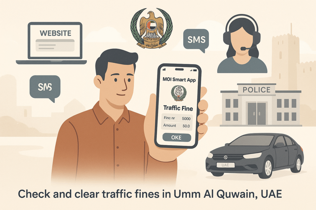 Hero image showing multiple methods to check and clear traffic fines in Umm Al Quwain including MOI Smart App, police website, SMS, call center, and visiting a police station.