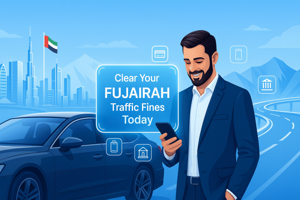 Driver in Fujairah using smartphone to clear traffic fines online with digital payment icons and UAE cityscape background.