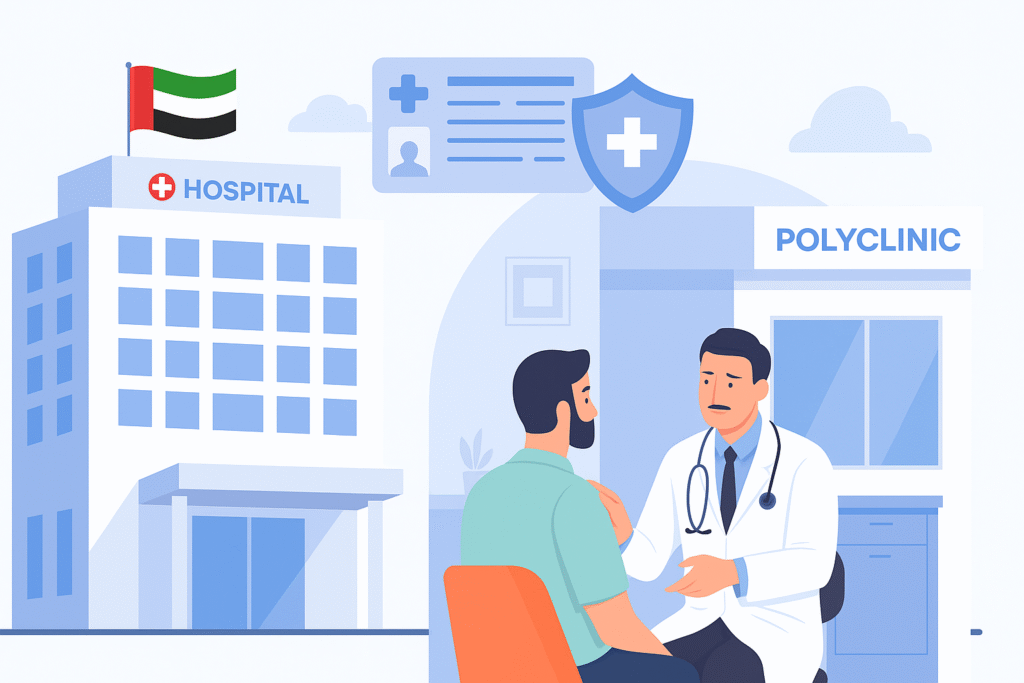 "UAE hospital and private clinic offering confidential STD testing and treatment, with a doctor consulting a patient in a private room, symbolizing privacy, healthcare options, and insurance coverage."
