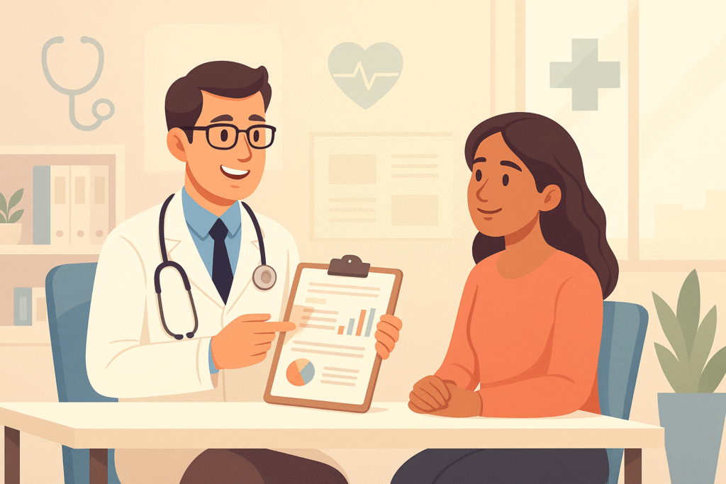 "Doctor consulting a patient in a modern clinic, explaining treatment options with charts and notes – warm, professional healthcare scene showing what to expect during medical treatment."