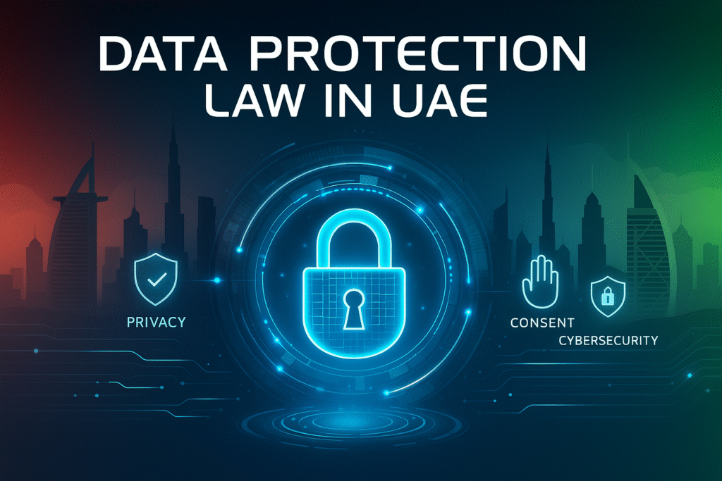 UAE Data Protection Law concept with digital padlock, Dubai skyline, and UAE flag colors, featuring the title text ‘Data Protection Law in UAE.
