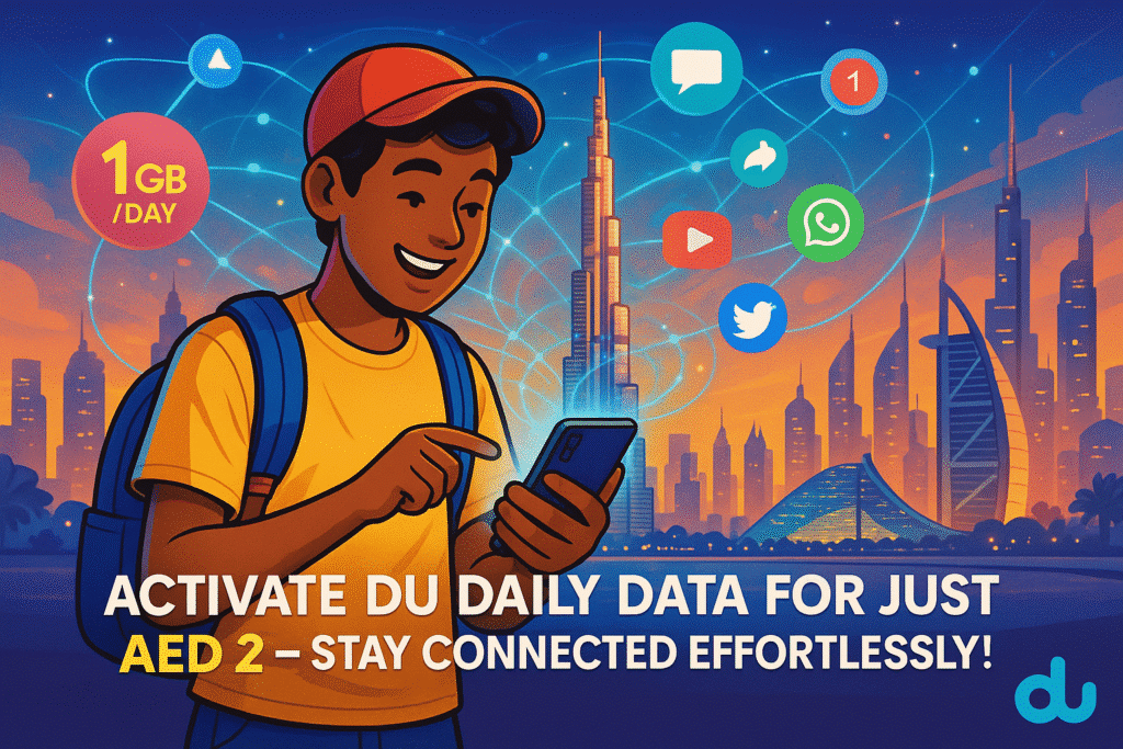 Young person using smartphone in Dubai with DU AED 2 daily data, social media icons, and fast internet connectivity, cityscape background.