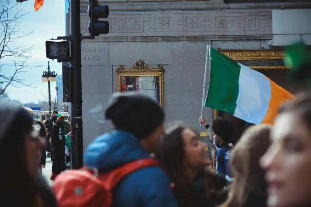 A man holding Ireland flag while in the crowd.