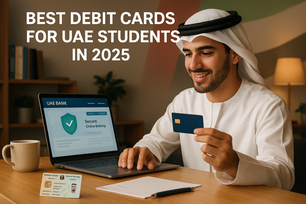 Best Debit Cards for UAE Students in 2025 – student using debit card and laptop for online banking in UAE
