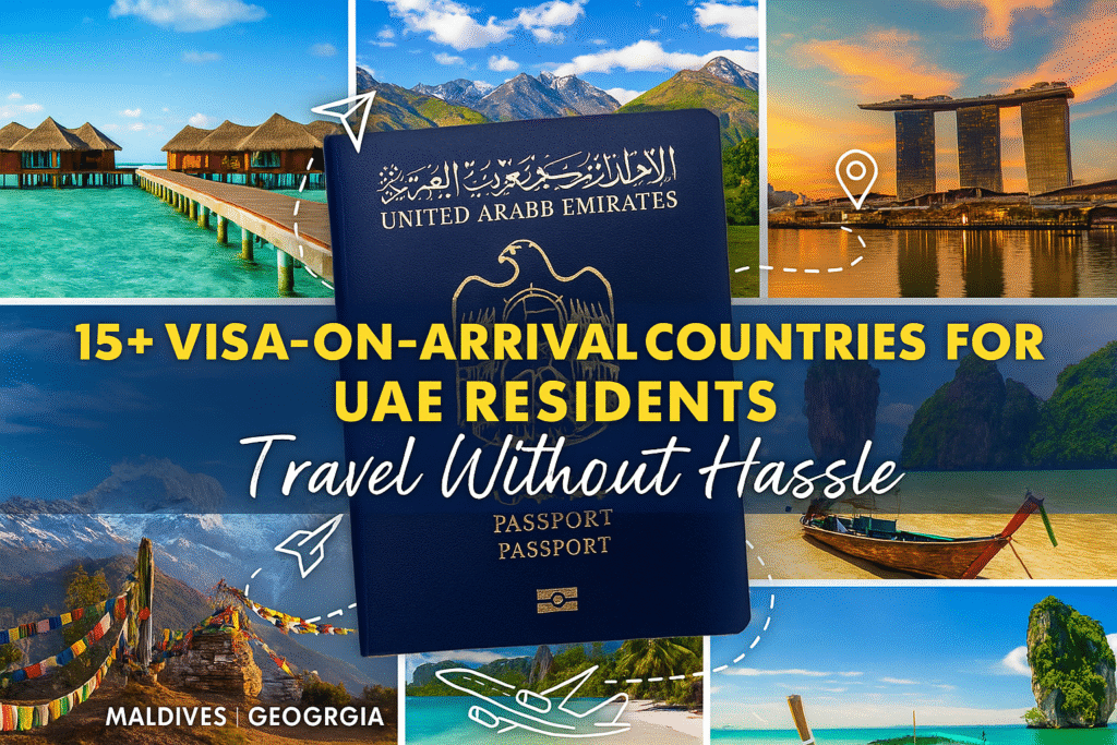 Collage of top visa-on-arrival countries for UAE residents including Maldives, Georgia, Singapore, Thailand, and Nepal, with a UAE passport and airplane icons symbolizing easy travel without pre-arranged visas