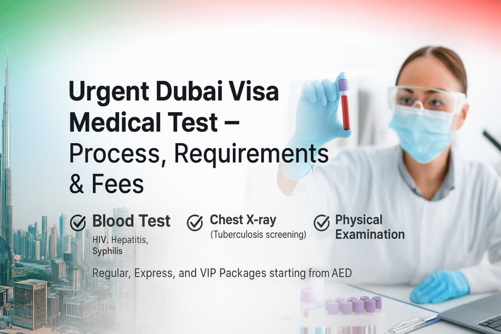 "Urgent Dubai visa medical test in Dubai – blood test, chest X-ray, physical examination process, packages and fees"