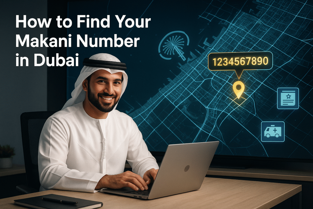 Hero image for blog ‘How to Find Your Makani Number in Dubai’ showing an Emirati man using a laptop with a digital Dubai map and Makani Number display.