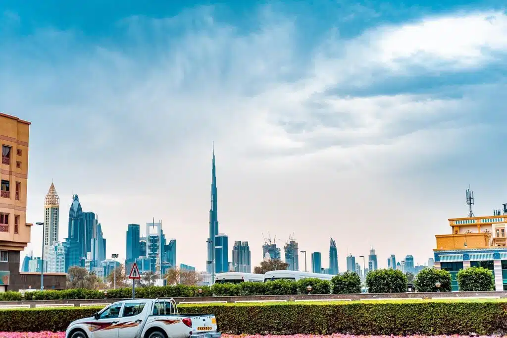 uae, car wallpapers, dubai, city, arab, emirates, metropolis, skyscraper, burj khalifa, panorama, view, car, from afar