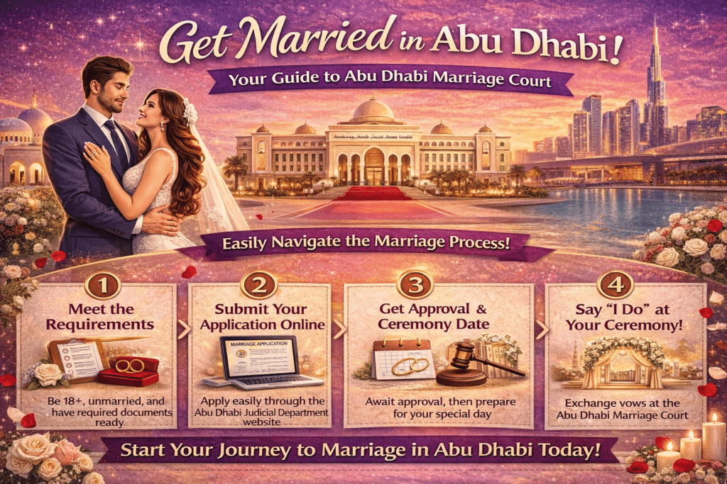 Abu Dhabi Marriage Court Infographic explaining Abu Dhabi Marriage Court process, showing requirements, documents, online application steps, and ceremony details for a smooth legal marriage.