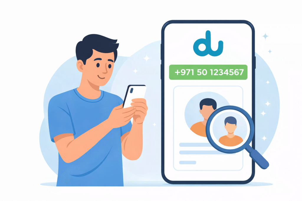 Check DU number owner UAE using mobile phone with identity verification illustration