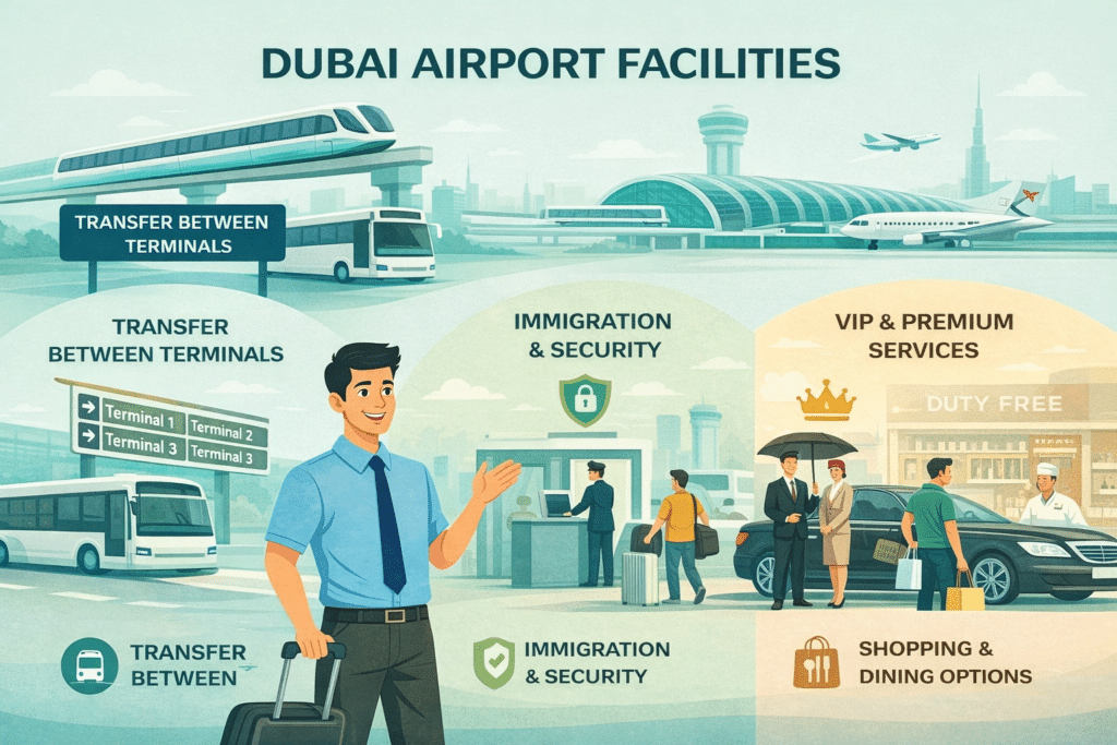 Dubai Airport facilities showing transfer between terminals, immigration security, VIP services, and shopping dining options