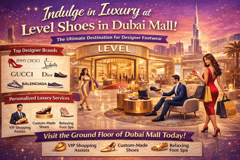 Sheo Store Dubai Mall – Trendy Shoes & Exclusive Styles 5 Luxury infographic of Level Shoes in Dubai Mall highlighting designer brands, custom-made footwear, VIP shopping assistance, and relaxing foot spa on the ground floor.