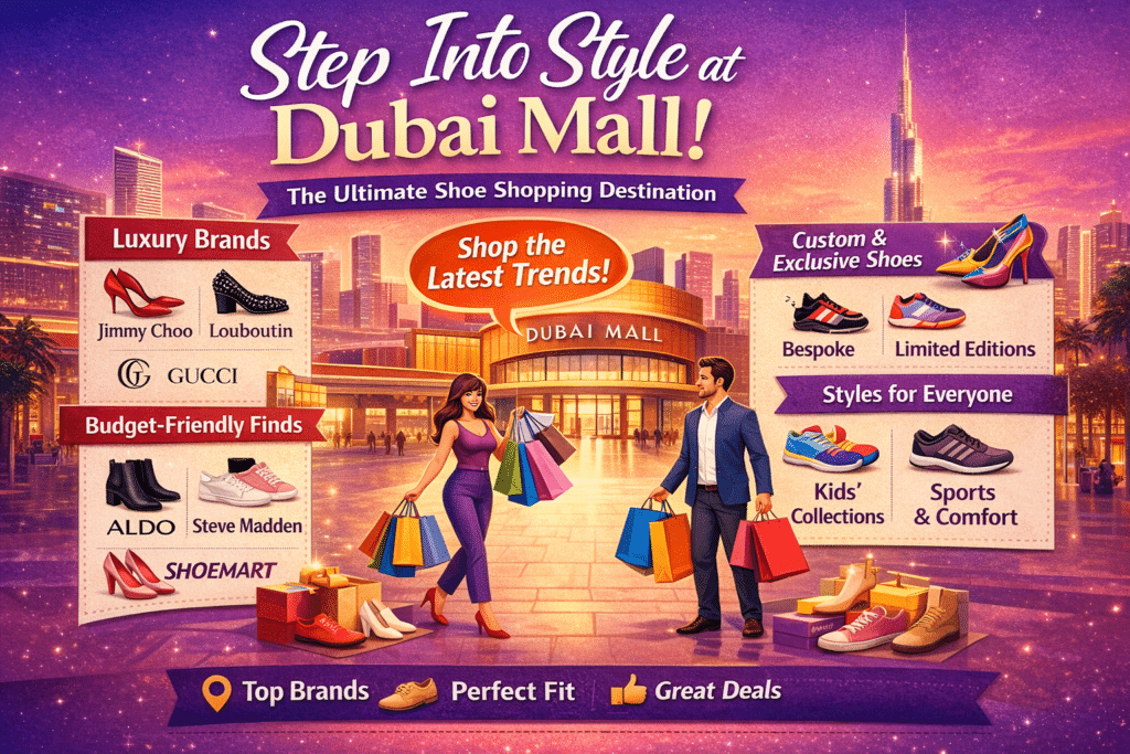 Sheo Store Dubai Mall – Trendy Shoes & Exclusive Styles 4 Infographic showing top shoe shops in Dubai Mall, featuring luxury brands, budget-friendly footwear, kids and sports shoes, urging visitors to shop the latest trends.