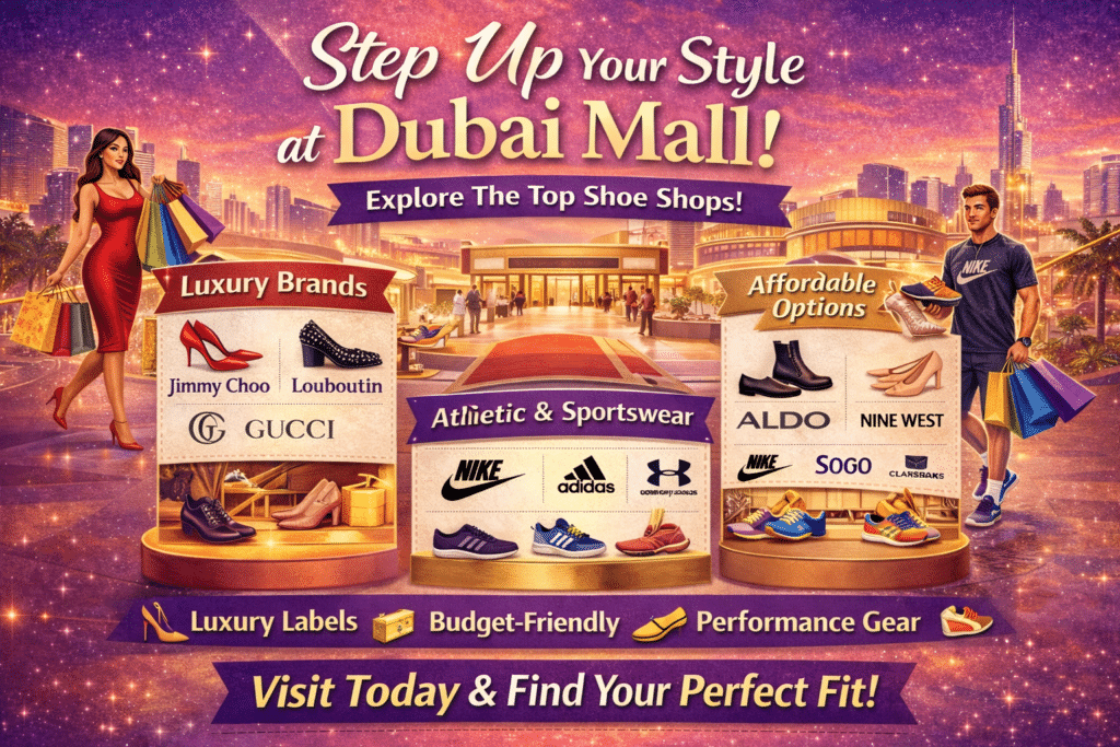 Sheo Store Dubai Mall – Trendy Shoes & Exclusive Styles 6 Infographic highlighting top shoe shops in Dubai Mall, featuring luxury brands, affordable footwear, sports shoes, kids’ collections, customization services, and exclusive releases, encouraging visitors to shop.