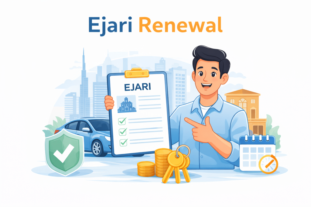 Ejari Renewal Simplified! Avoid Delays NOW 2 Ejari renewal UAE online process with animated person holding Ejari certificate document and rental contract verification