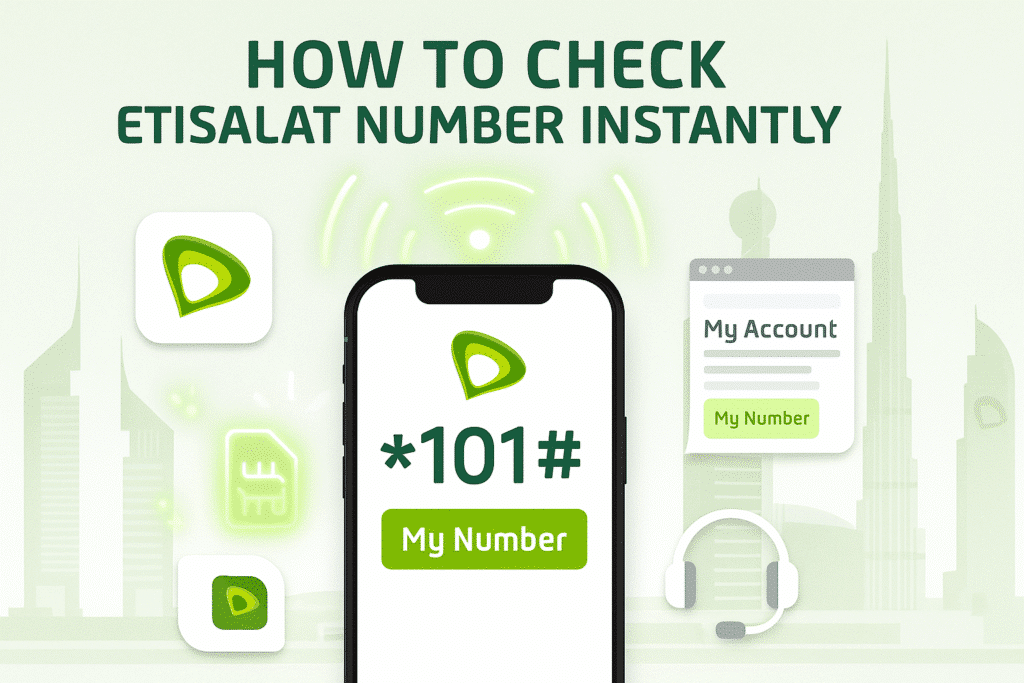 Smartphone showing Etisalat USSD code *101# to check number, with UAE skyline, app, website, bill, and customer support icons.