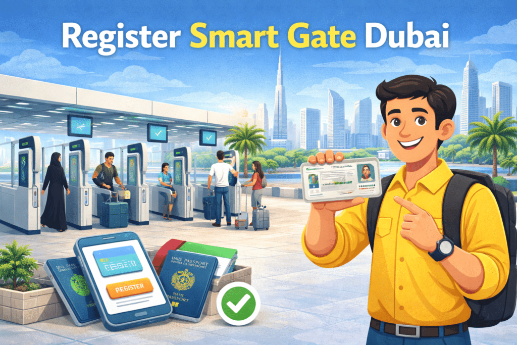 Register Smart Gate Dubai feature image showing animated traveler holding Emirates ID at airport smart gate with Dubai skyline.