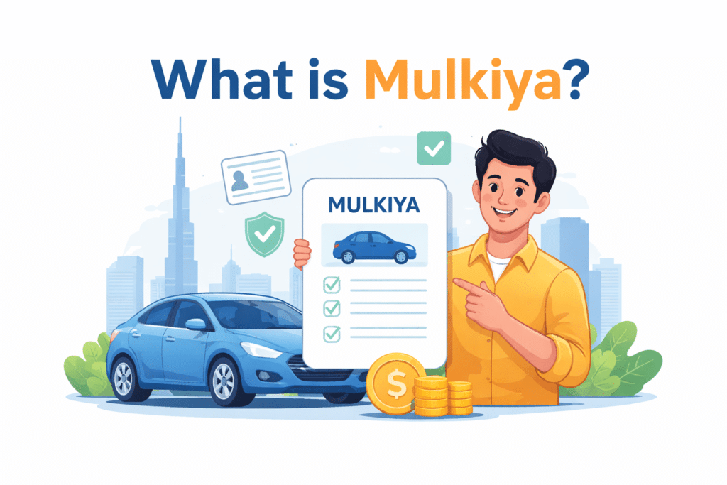 What is Mulkiya UAE car registration card explained with animated person holding vehicle ownership document and car illustration