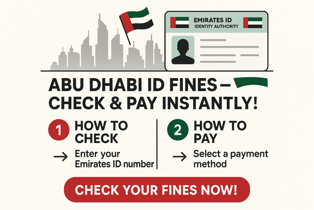 Use Abu Dhabi flag colors (red, green, black, white) for accents. Keep fonts bold, readable, and professional. Add subtle arrows and step numbers for clarity. Make the layout mobile-friendly and optimized for social sharing with a clear call-to-action: 'Check Your Fines Now!'"