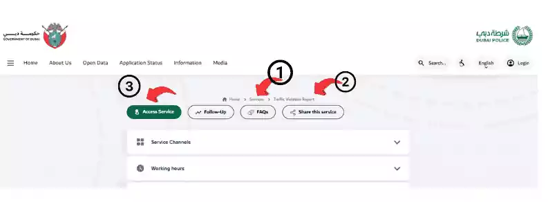 Dubai Police website page showing Traffic Grievance Service with Access Service button and service navigation options.
