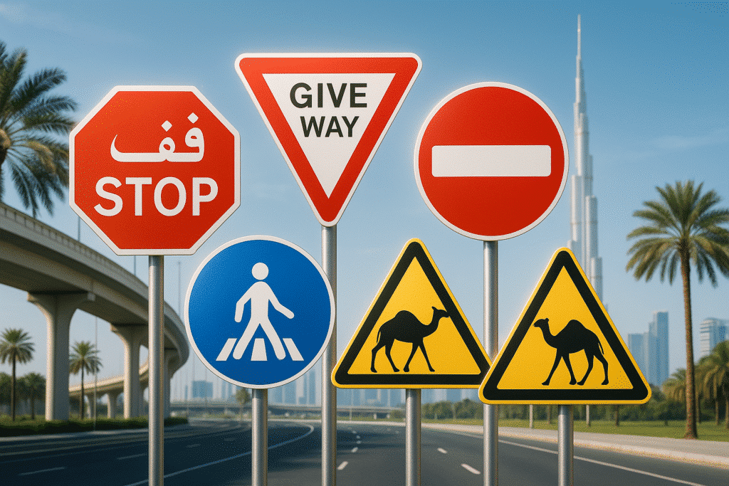 "Illustration of basic traffic signs in UAE including Stop, Give Way, No Entry, Speed Limit, Pedestrian Crossing, and Camel Crossing, set against a modern Dubai road with Burj Khalifa in the background, encouraging drivers to see traffic signs as their friendly guides."