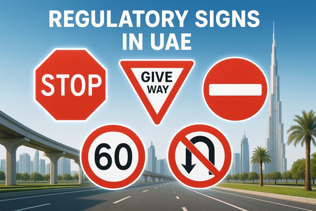 "Infographic showing common regulatory traffic signs in UAE such as Stop, Give Way, No Entry, Speed Limit, and No U-Turn, displayed with a Dubai highway background and Burj Khalifa skyline."