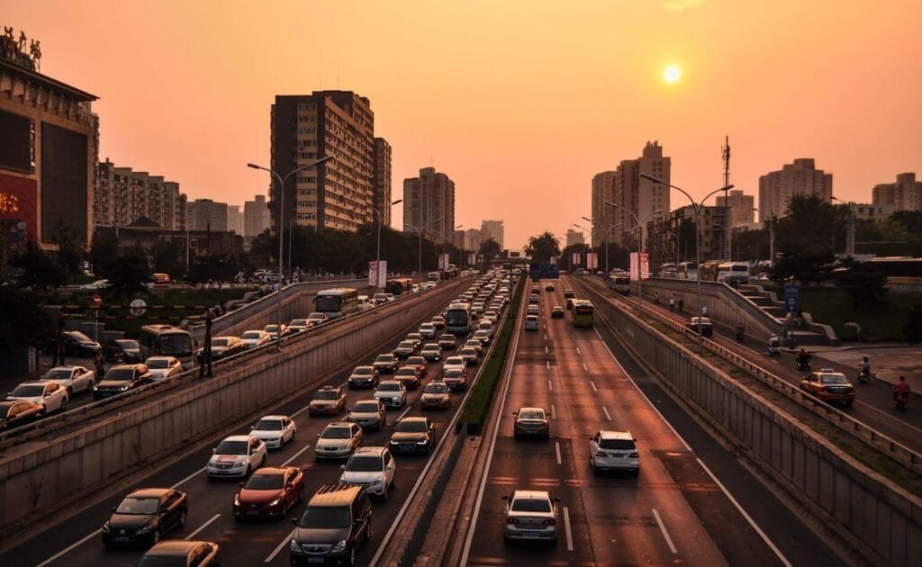 A beautiful picture of a busy road during sunset time