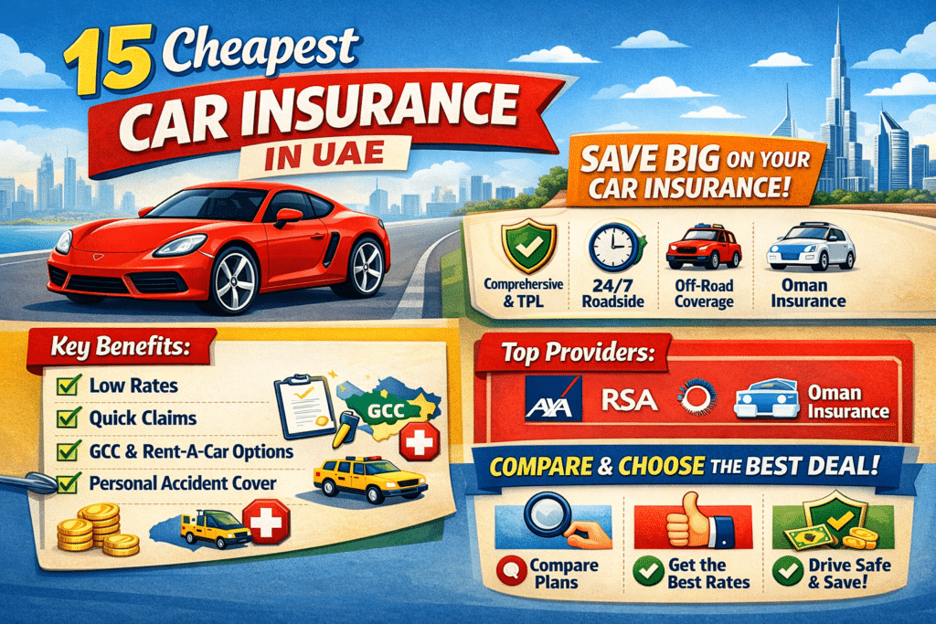 Infographic showing the 15 cheapest car insurance companies in the UAE with coverage benefits and savings tips