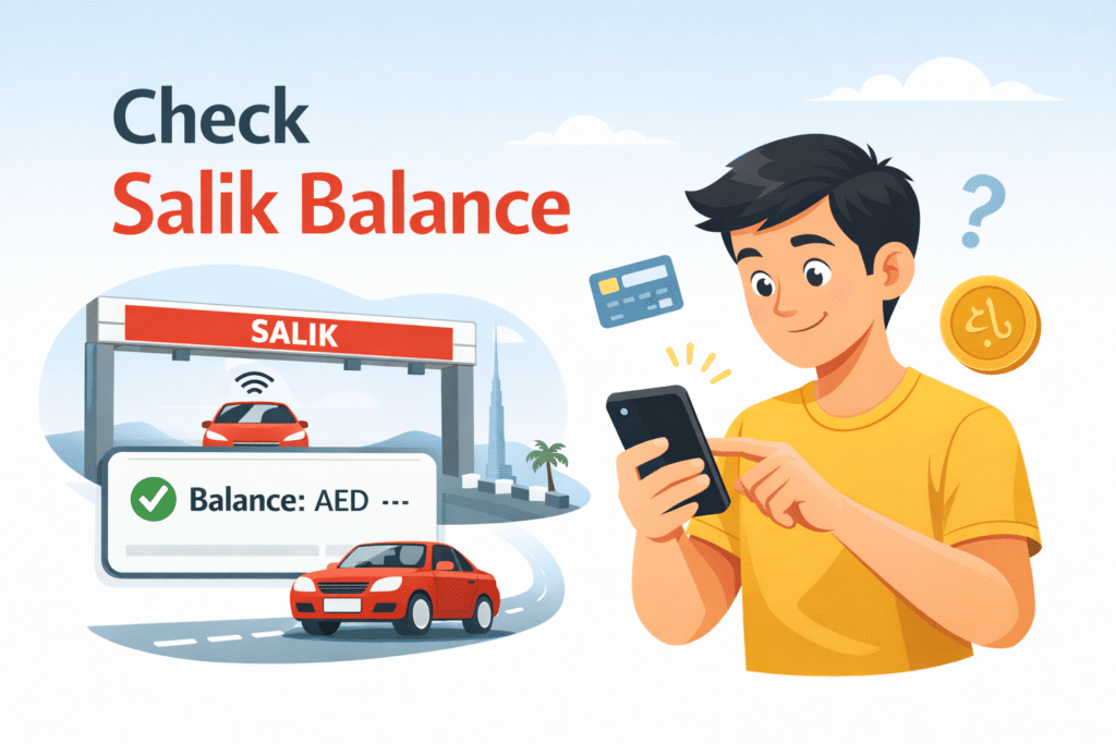 Simple animated illustration of a man checking Salik balance on mobile near Dubai toll gate