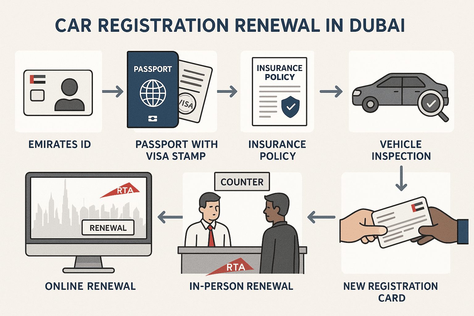 Step-by-step car registration renewal process in Dubai with required documents, online and in-person options.