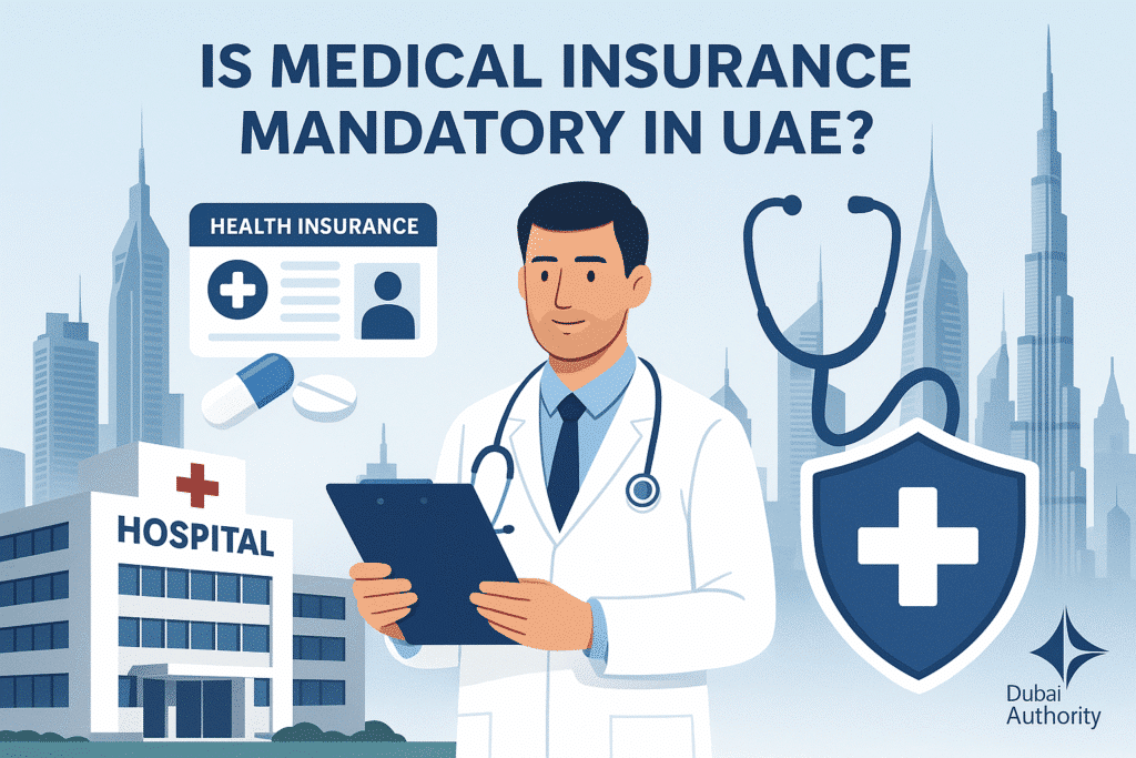 Create a professional and informative image that visually represents the question ‘Is Medical Insurance Mandatory in UAE?’. The design should feature Dubai’s iconic skyline in the background with modern hospitals, a doctor holding a clipboard, a health insurance card, and healthcare symbols like a stethoscope, pills, and a shield for protection. The image should convey trust, safety, and the mandatory nature of health insurance in Dubai, regulated by the Dubai Health Authority (DHA). Use clean, modern, and authoritative visuals that reflect Dubai’s advanced healthcare system and attract users to read more about the topic.