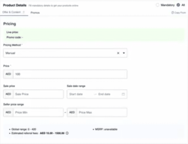 Sell on noon: Step-by-Step Guide for Sellers 11 Noon seller dashboard showing product pricing settings and sale price configuration.