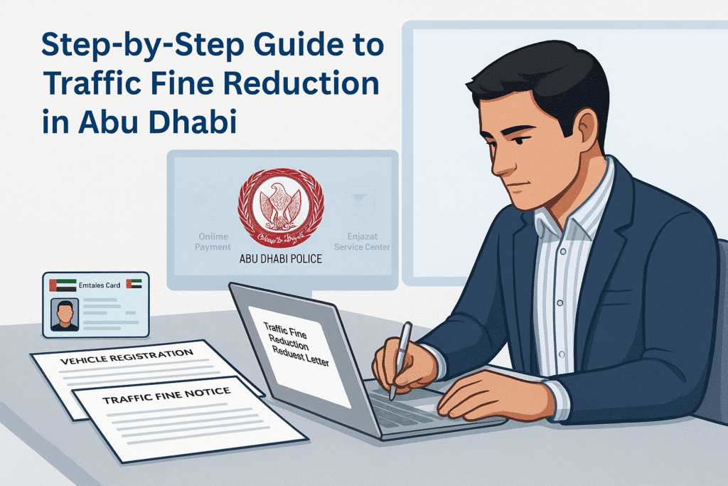 "Person preparing a traffic fine reduction request with Emirates ID, vehicle registration, and fine notice on desk; laptop showing Abu Dhabi Police interface; visual guide for traffic fine discount process."