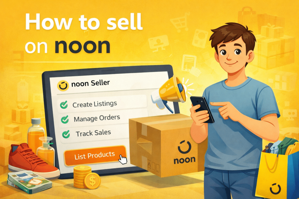 Animated illustration of a seller listing products on Noon marketplace using a smartphone and laptop.